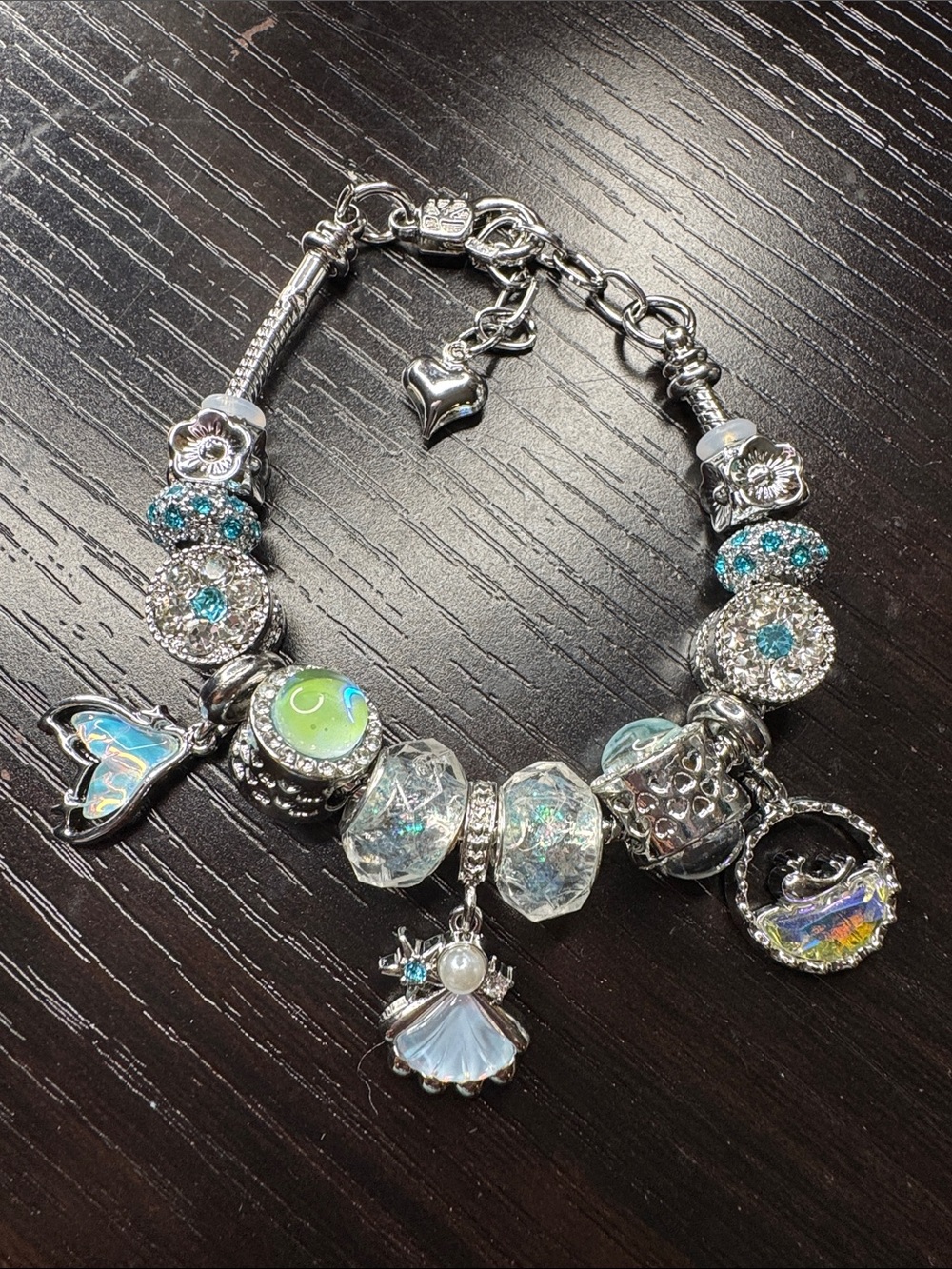 Silver-Tone Charm Bracelet with Blue-Green Crystal & Iridescent Charms